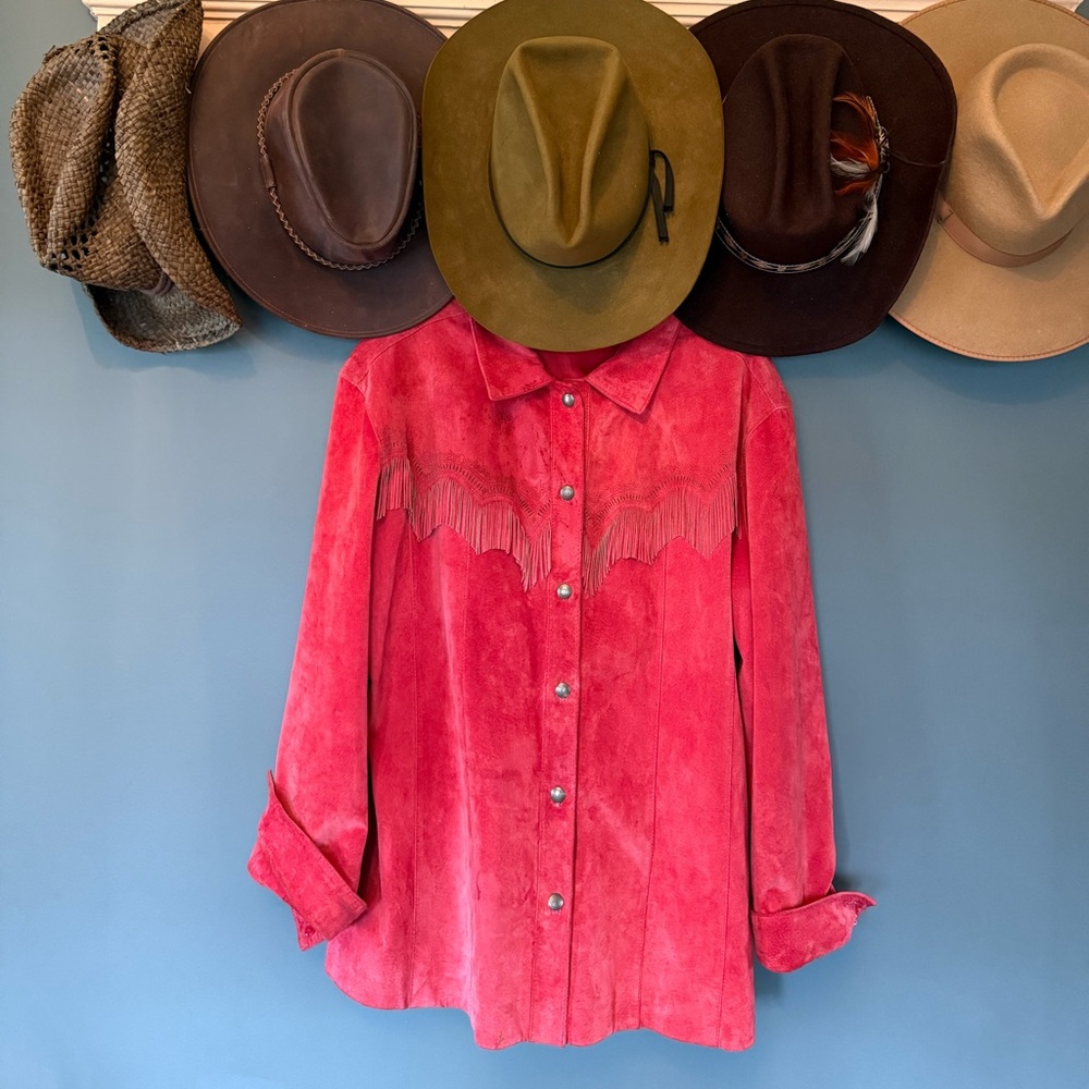 Chico’s western Vermillion Suede Fringed Jacket coral pink sz 3 - Picture 2 of 16